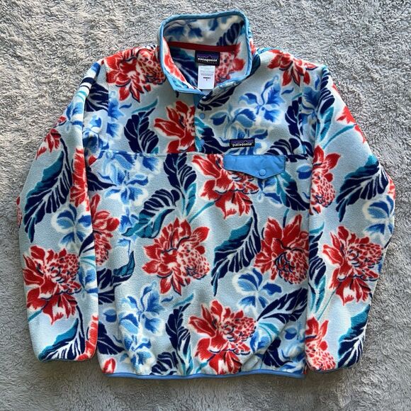 Patagonia Women Synchilla Snap-T Pullover Hawaiian Floral Manoa Dusk Blue Small - Picture 1 of 6